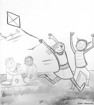 Children at a playground. Two boys build a sandcastle. A girl runs with a kite and her friend cheers her on.
