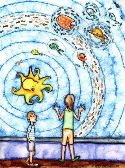 Two children look at an aquarium, where the fish are arranged to resemble the solar system.