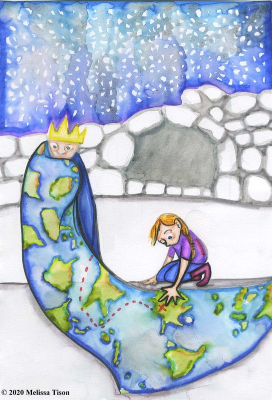 A girl examines the cloak of a boy king, which has a map on it. 