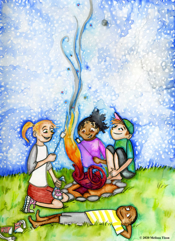 Four children toast marshmallows over a fire provided by a small, dark red dragon.