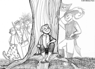 Illustration of Tom Sawyer sitting by a tree and imagining different characters he could be, including a pirate, Native American, soldier and clown.