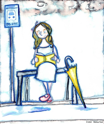 A girl reads at a bus stop on a cloudy day.