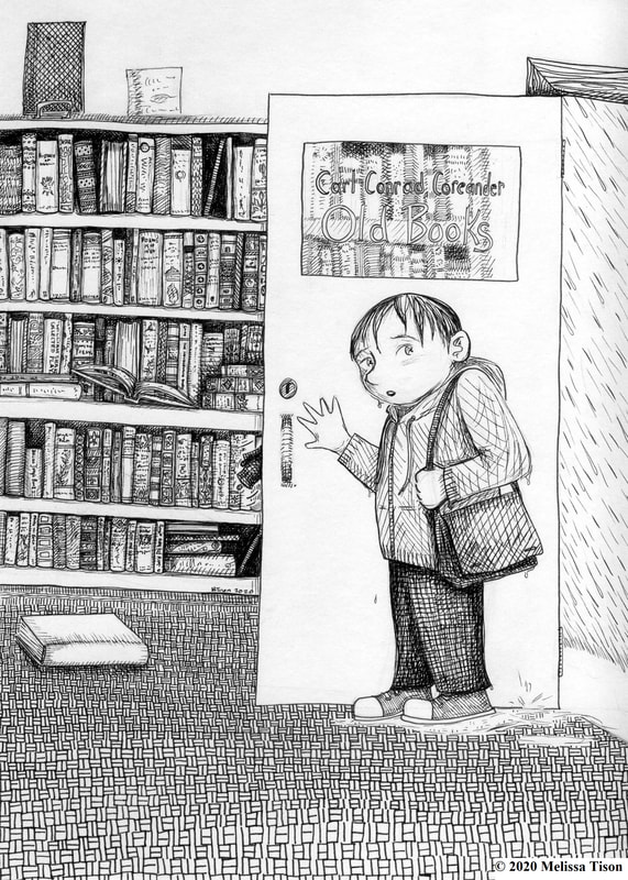 A boy walks into the open door of a bookstore. It is raining outside.